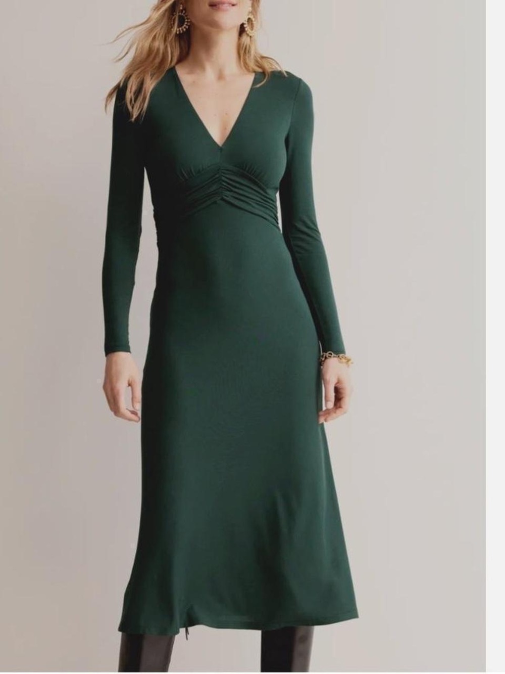 BODEN • Dark Green jersey Long Sleeve V-Neck Midi Dress - size 10